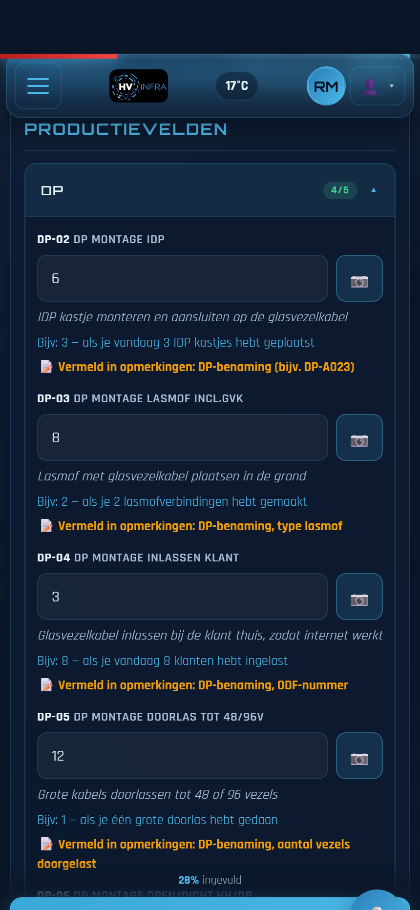 Productiestaat invullen in FieldNova: productiecodes met uitleg en een fotoknop per regel