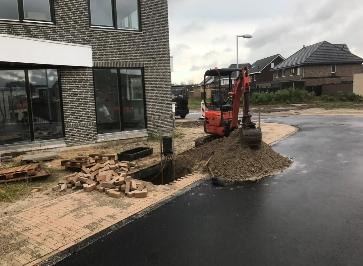Overzicht van graafwerkzaamheden in een woonwijk