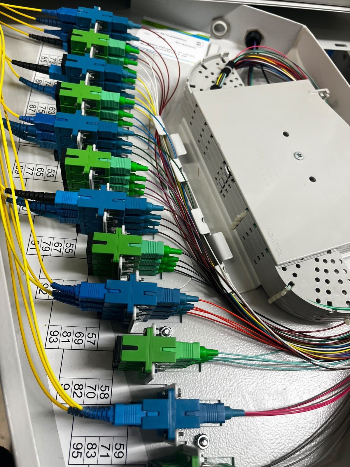 Splitterkast met blauwe en groene glasvezelconnectoren